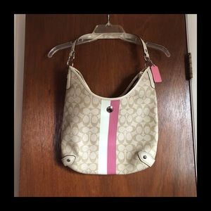 Coach Classic Signature Chelsea Heritage Shoulder Bag with Pink and White Stripe